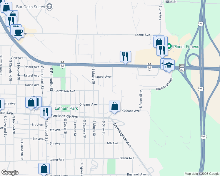 map of restaurants, bars, coffee shops, grocery stores, and more near 1600-1798 South Olive Street in Sioux City