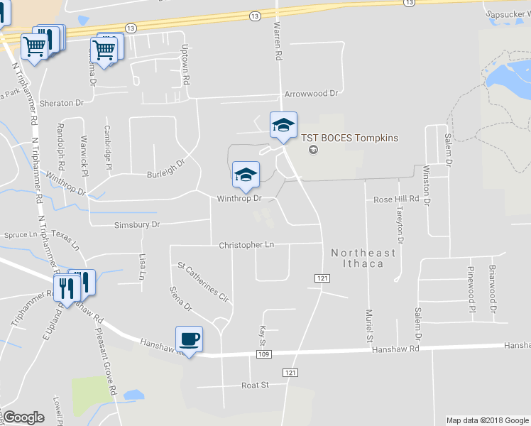 map of restaurants, bars, coffee shops, grocery stores, and more near 425 Winthrop Drive in Ithaca
