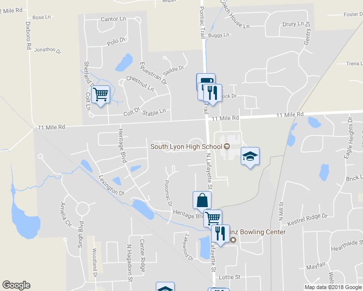 map of restaurants, bars, coffee shops, grocery stores, and more near 61196 Greenwood Drive in South Lyon