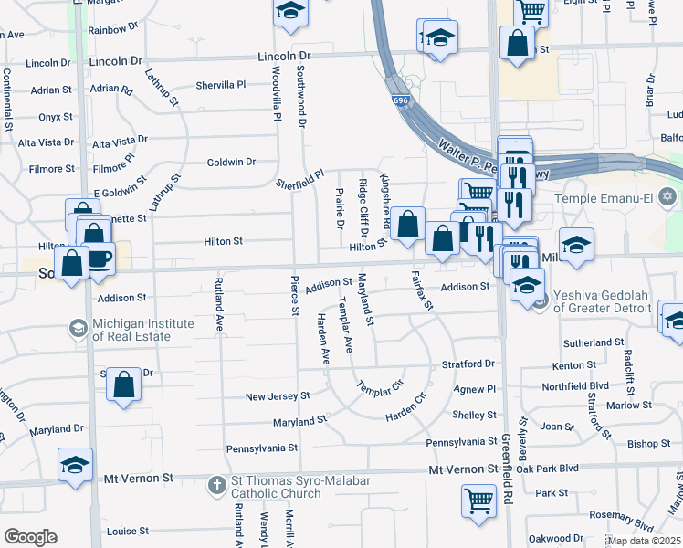 map of restaurants, bars, coffee shops, grocery stores, and more near 16217 Hilton Street in Southfield