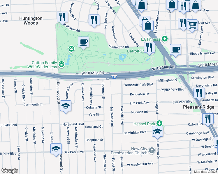 map of restaurants, bars, coffee shops, grocery stores, and more near 28 Maplefield Road in Pleasant Ridge