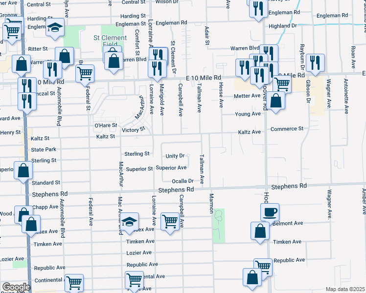 map of restaurants, bars, coffee shops, grocery stores, and more near 11194 Edgemont Avenue in Warren