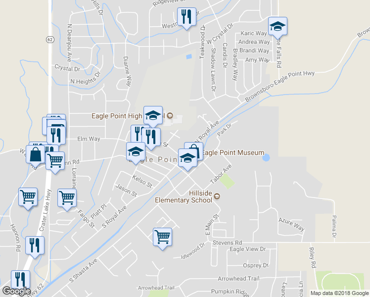 map of restaurants, bars, coffee shops, grocery stores, and more near 127 North Royal Avenue in Eagle Point