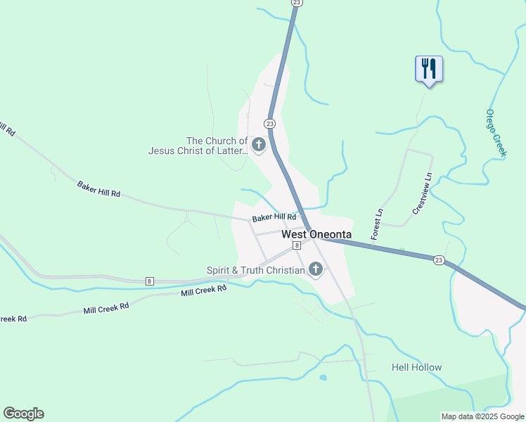 map of restaurants, bars, coffee shops, grocery stores, and more near 112-130 Baker Hill Rd in Oneonta