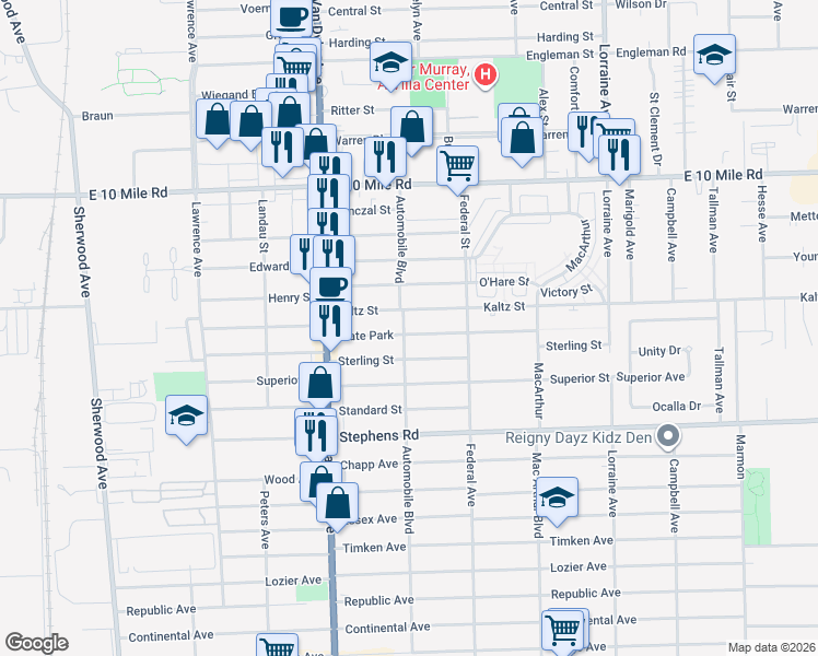 map of restaurants, bars, coffee shops, grocery stores, and more near 8225 Kaltz Street in Center Line