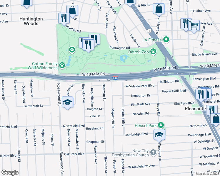 map of restaurants, bars, coffee shops, grocery stores, and more near 28 Maplefield Road in Pleasant Ridge