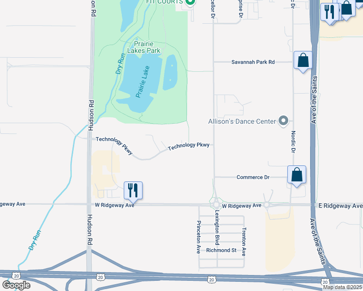 map of restaurants, bars, coffee shops, grocery stores, and more near 1100 Technology Parkway in Cedar Falls