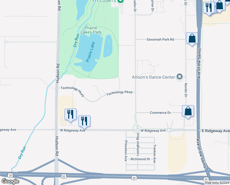 map of restaurants, bars, coffee shops, grocery stores, and more near 1100 Technology Parkway in Cedar Falls