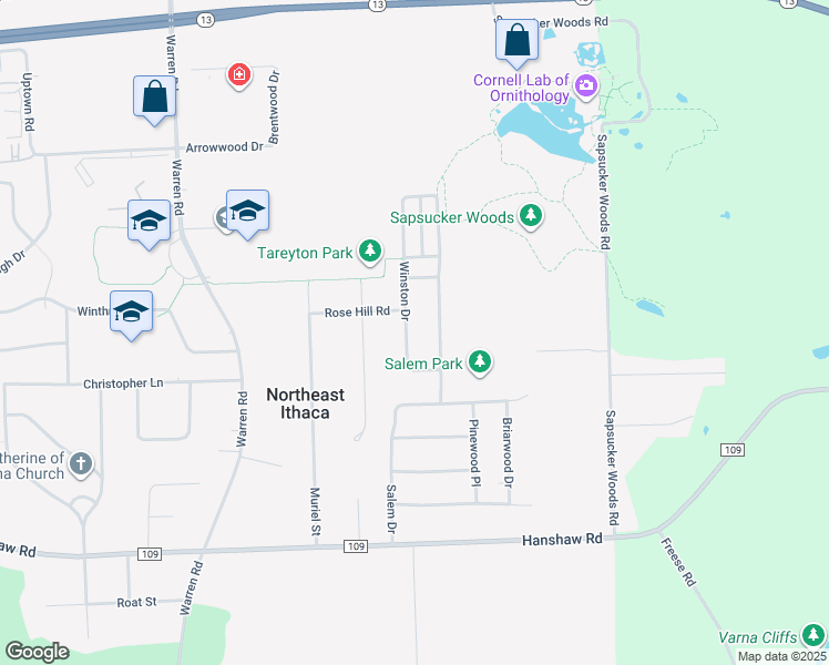 map of restaurants, bars, coffee shops, grocery stores, and more near 121 Winston Drive in Ithaca
