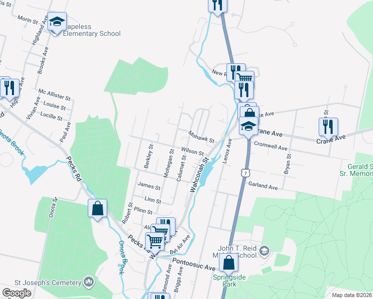 map of restaurants, bars, coffee shops, grocery stores, and more near 97 Calumet Street in Pittsfield