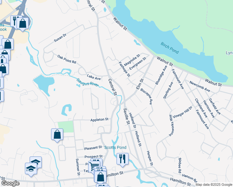 map of restaurants, bars, coffee shops, grocery stores, and more near 166 Central Street in Saugus
