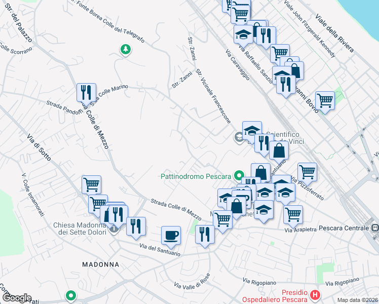 map of restaurants, bars, coffee shops, grocery stores, and more near 25 Strada Cavallaro in Pescara