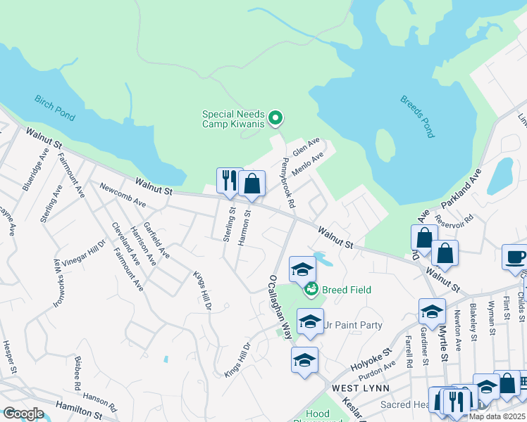 map of restaurants, bars, coffee shops, grocery stores, and more near 14 Menlo Avenue in Lynn