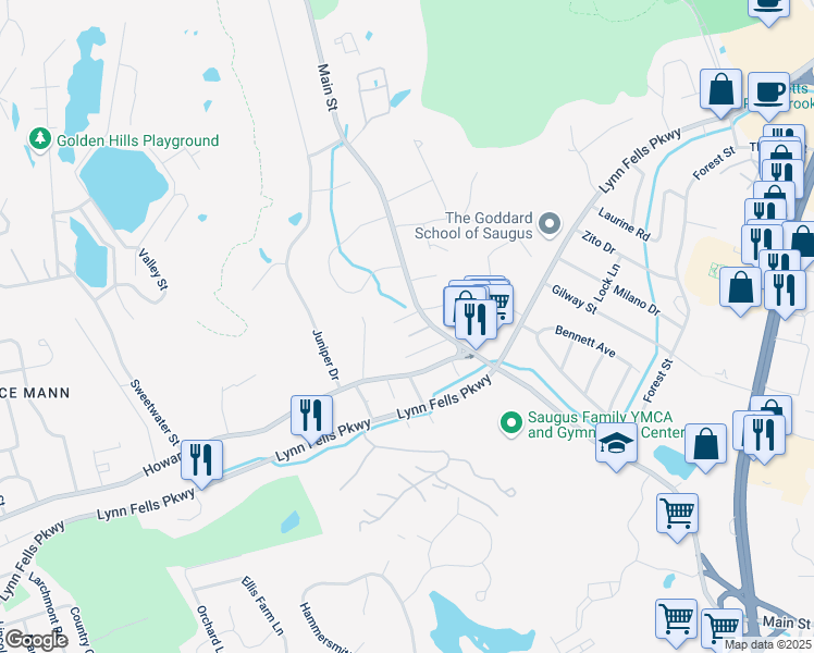 map of restaurants, bars, coffee shops, grocery stores, and more near 366 Main Street in Saugus