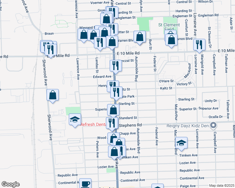 map of restaurants, bars, coffee shops, grocery stores, and more near 24526 Van Dyke Avenue in Center Line