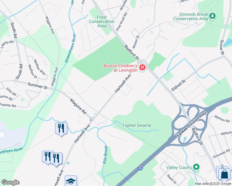 map of restaurants, bars, coffee shops, grocery stores, and more near 32 Hartwell Avenue in Lexington