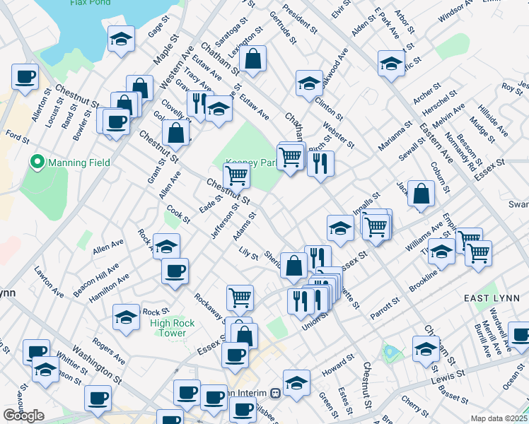 map of restaurants, bars, coffee shops, grocery stores, and more near in Lynn