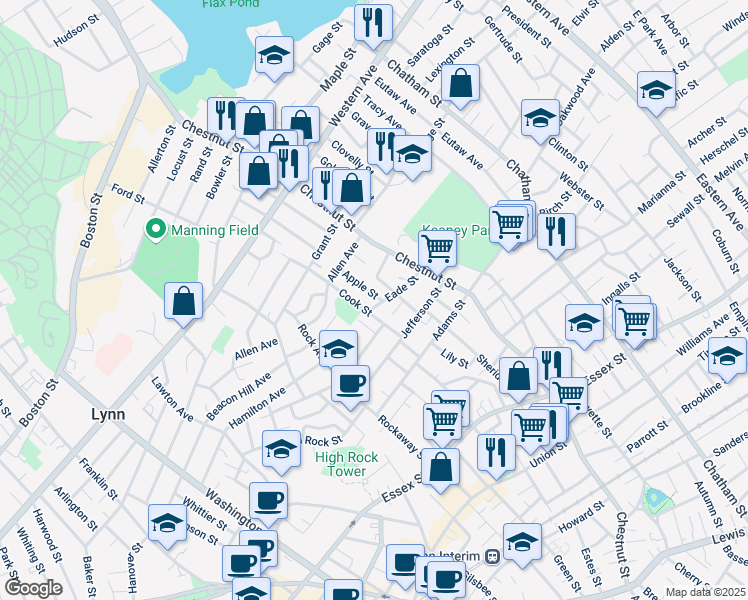 map of restaurants, bars, coffee shops, grocery stores, and more near 17 Apple Street in Lynn