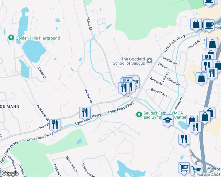 map of restaurants, bars, coffee shops, grocery stores, and more near 366 Main Street in Saugus