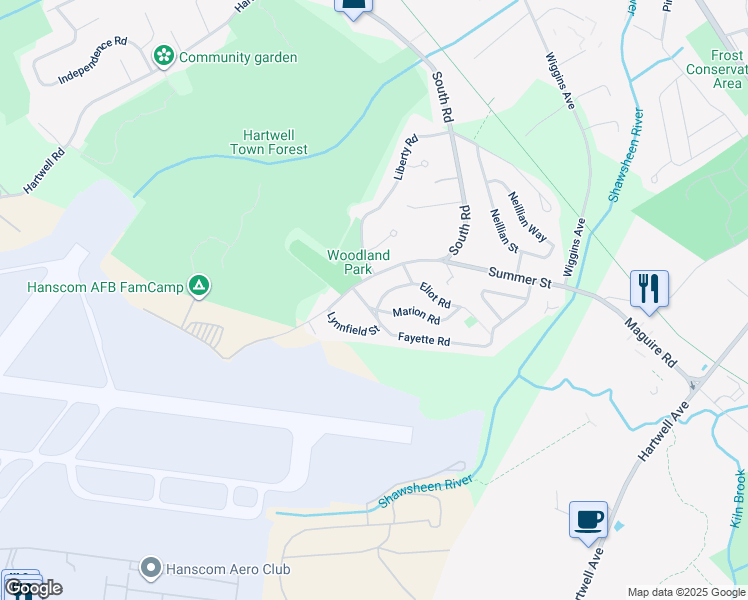 map of restaurants, bars, coffee shops, grocery stores, and more near 356 South Road in Bedford