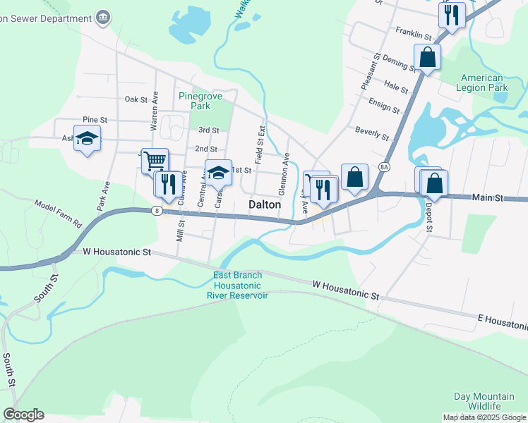 map of restaurants, bars, coffee shops, grocery stores, and more near 2-78 Haworth Street in Dalton