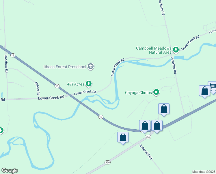 map of restaurants, bars, coffee shops, grocery stores, and more near 390 Lower Creek Rd in Ithaca