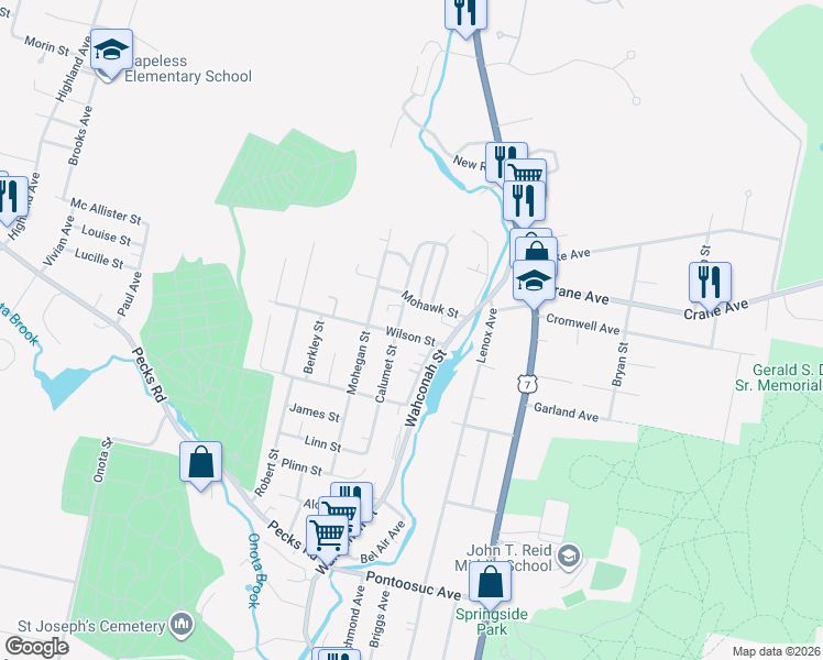 map of restaurants, bars, coffee shops, grocery stores, and more near 97-149 Calumet Street in Pittsfield