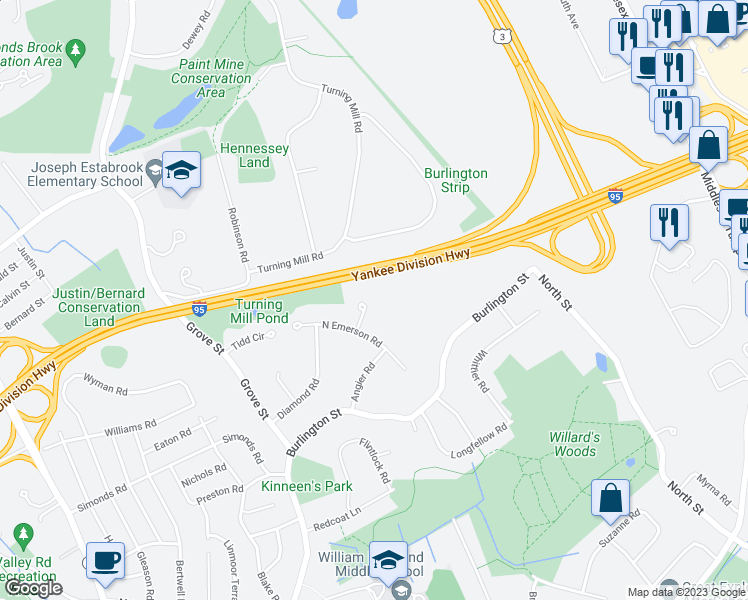 map of restaurants, bars, coffee shops, grocery stores, and more near 5 Mead Circle in Lexington