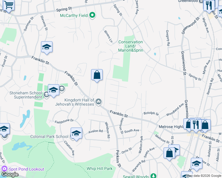 map of restaurants, bars, coffee shops, grocery stores, and more near 7 West Ferdinand Street in Stoneham