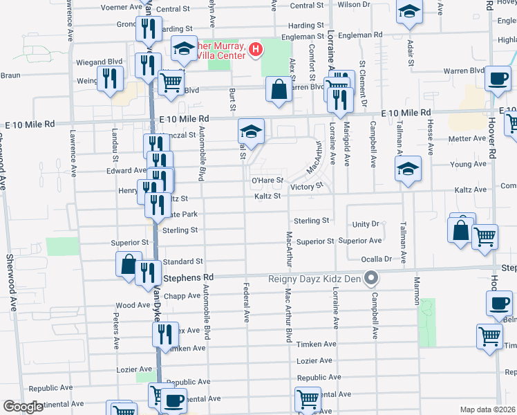 map of restaurants, bars, coffee shops, grocery stores, and more near 8436 Kaltz Street in Center Line
