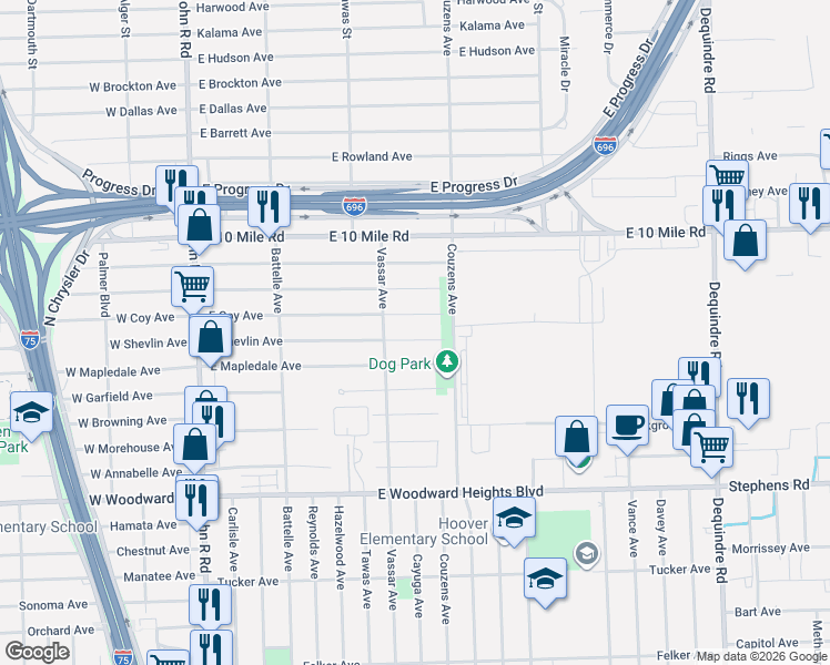 map of restaurants, bars, coffee shops, grocery stores, and more near 985 East Coy Avenue in Hazel Park