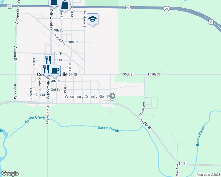 map of restaurants, bars, coffee shops, grocery stores, and more near 1101 Megans Way in Correctionville