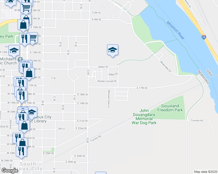 map of restaurants, bars, coffee shops, grocery stores, and more near 832 East 17th Street in South Sioux City