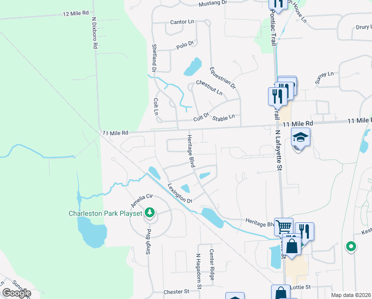 map of restaurants, bars, coffee shops, grocery stores, and more near 61751 Alexandria Court in South Lyon