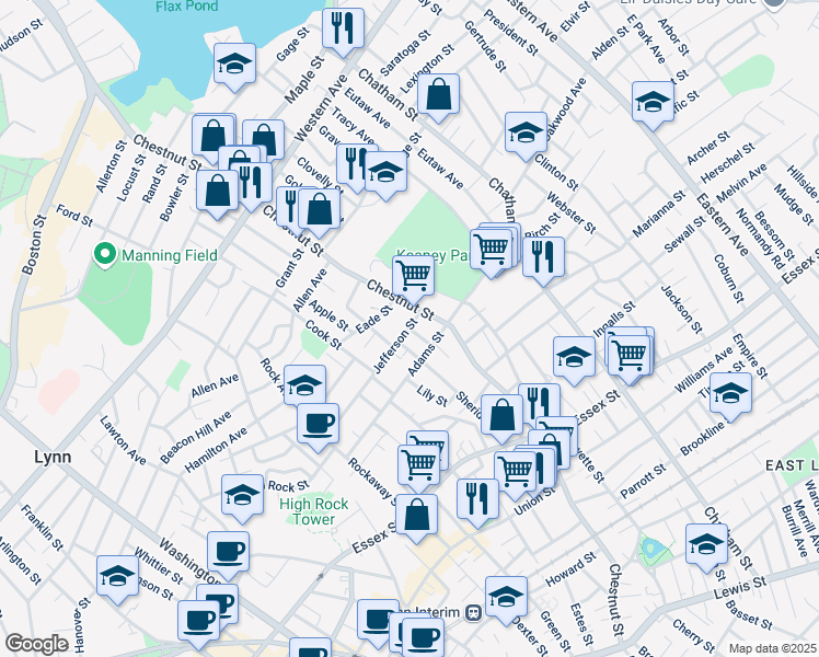 map of restaurants, bars, coffee shops, grocery stores, and more near 175 Ward Street in Lynn