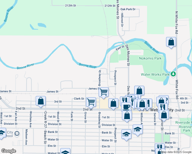 map of restaurants, bars, coffee shops, grocery stores, and more near 100-198 Broadway Street in Webster City
