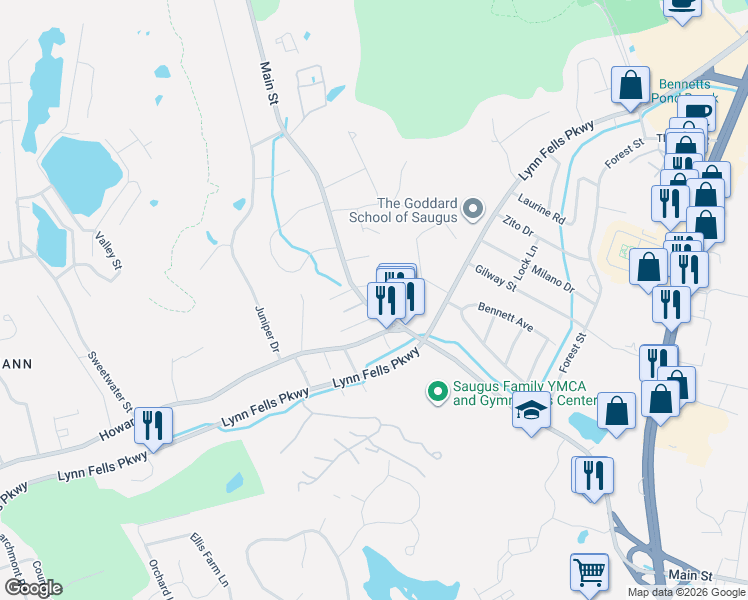 map of restaurants, bars, coffee shops, grocery stores, and more near 353 Main Street in Saugus