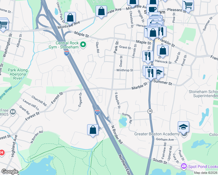 map of restaurants, bars, coffee shops, grocery stores, and more near 22 Everett Street in Stoneham