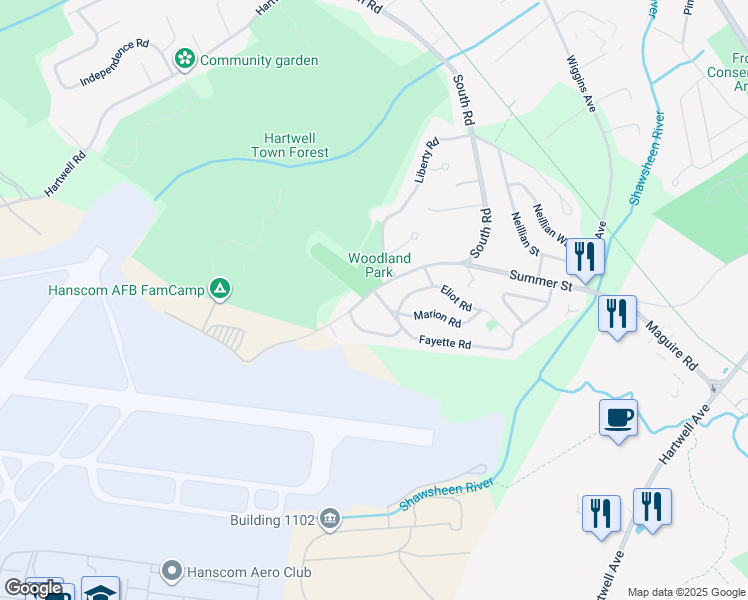 map of restaurants, bars, coffee shops, grocery stores, and more near 377 South Road in Bedford