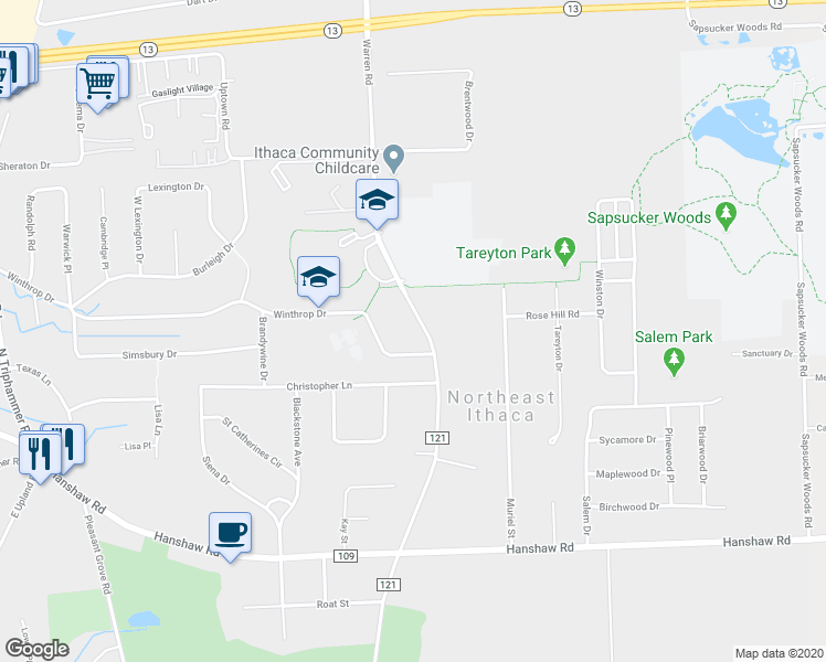 map of restaurants, bars, coffee shops, grocery stores, and more near 544 Warren Road in Ithaca
