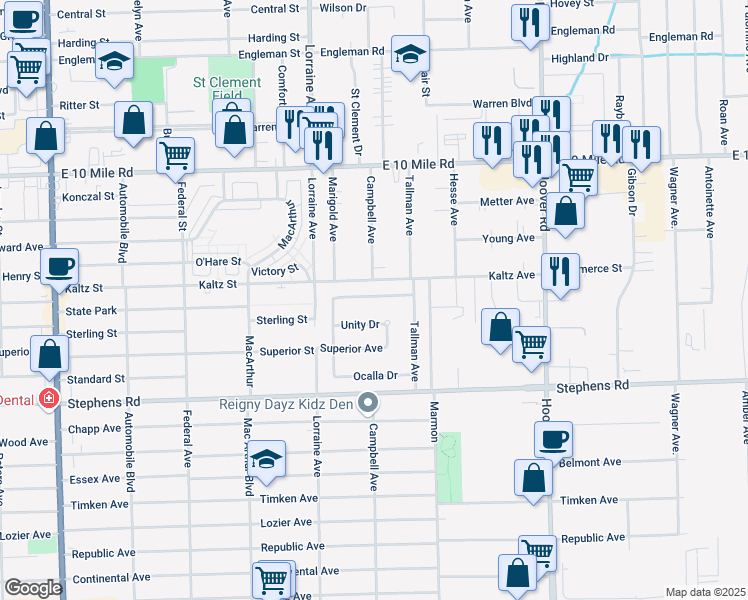 map of restaurants, bars, coffee shops, grocery stores, and more near 11215 Edgemont Avenue in Warren