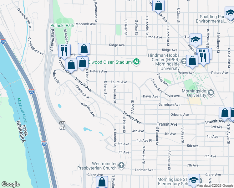 map of restaurants, bars, coffee shops, grocery stores, and more near 1621 South Rustin Street in Sioux City