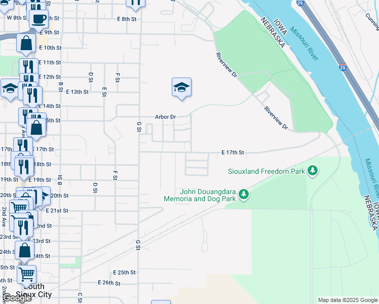 map of restaurants, bars, coffee shops, grocery stores, and more near 1601 Honey Locust Court in South Sioux City