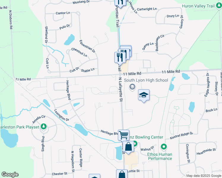 map of restaurants, bars, coffee shops, grocery stores, and more near 61178 Greenwood Drive in South Lyon