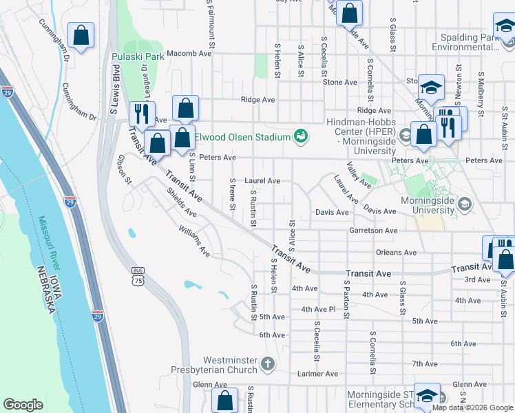 map of restaurants, bars, coffee shops, grocery stores, and more near 1621 South Rustin Street in Sioux City
