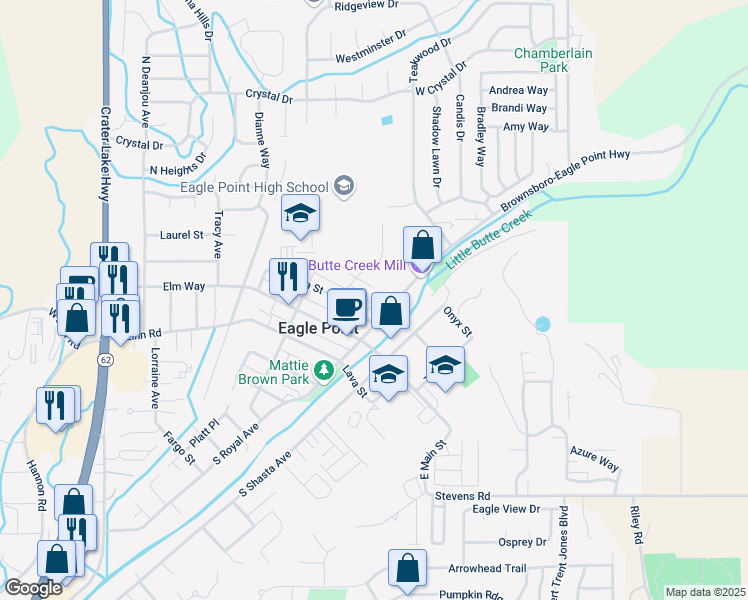 map of restaurants, bars, coffee shops, grocery stores, and more near 167 North Royal Avenue in Eagle Point