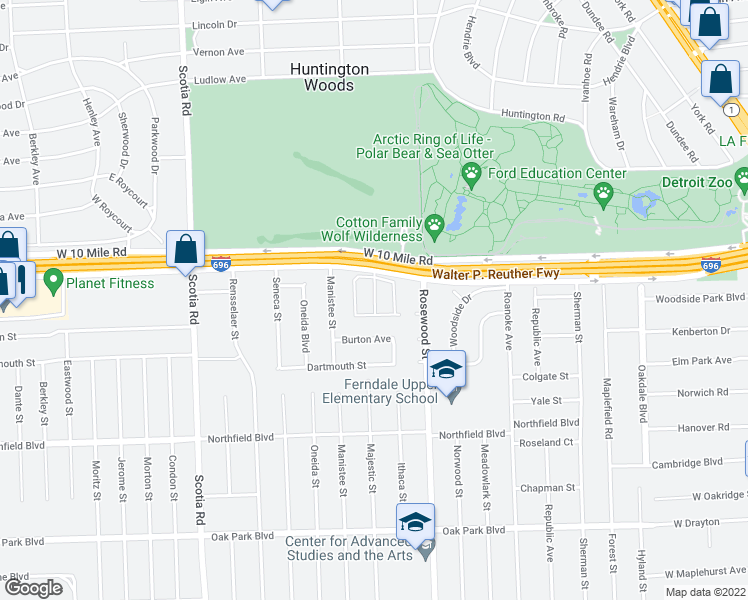 map of restaurants, bars, coffee shops, grocery stores, and more near 24641 Pinehurst Avenue in Oak Park