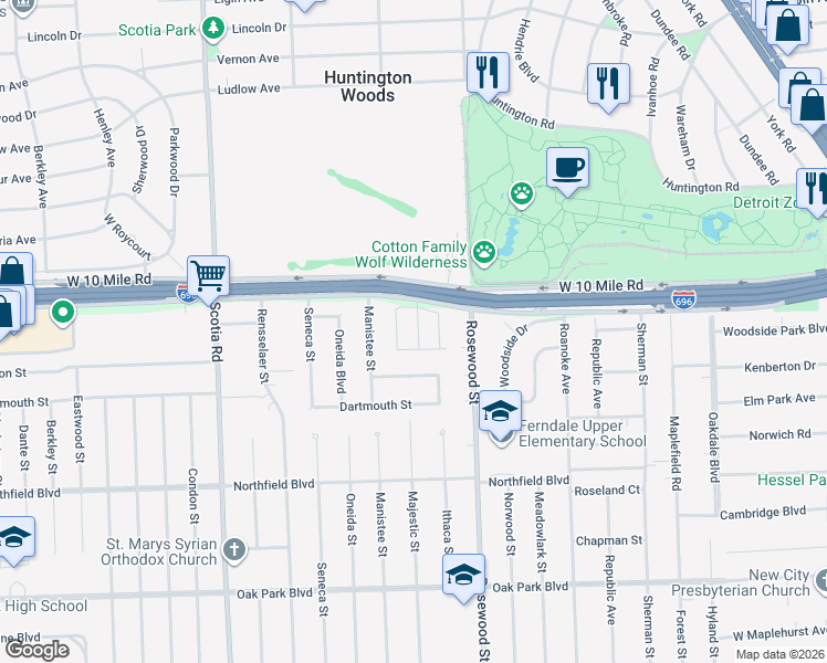 map of restaurants, bars, coffee shops, grocery stores, and more near 24641 Pinehurst Avenue in Oak Park