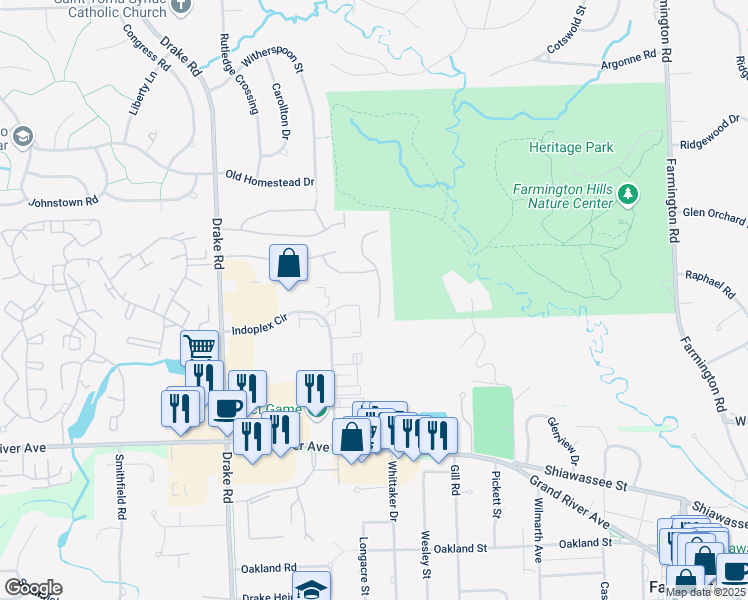 map of restaurants, bars, coffee shops, grocery stores, and more near 24704 Toddy Lane in Farmington Hills