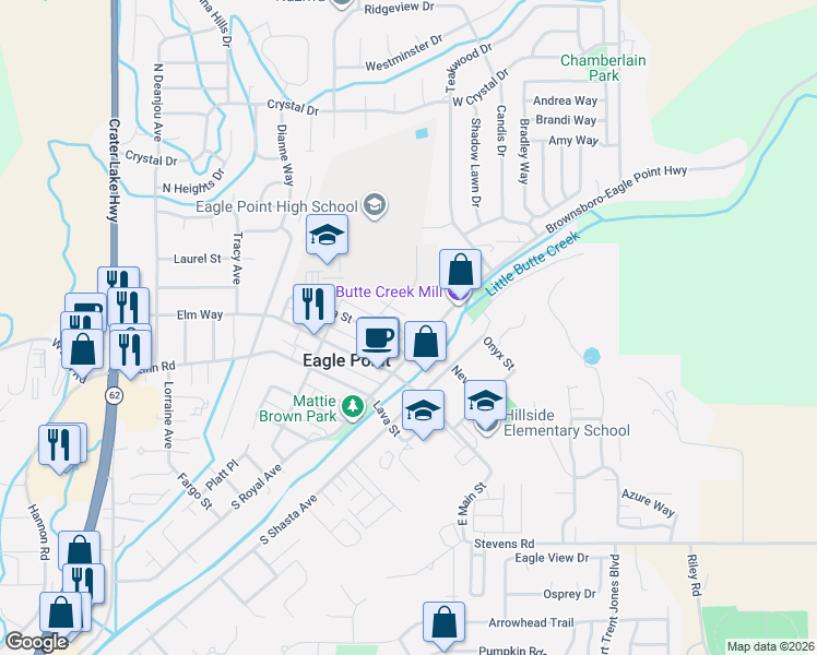 map of restaurants, bars, coffee shops, grocery stores, and more near 113 Odell Street in Eagle Point